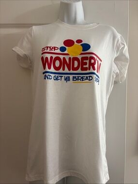 Boss up- Stop Wonder'n Graphic White Tee with Red, Yellow & Blue Print